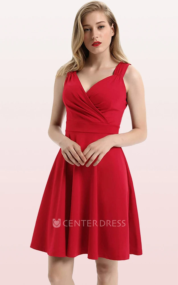 Casual Sleeveless A Line Jersey V-neck Prom Cocktail Dress With Ruffles