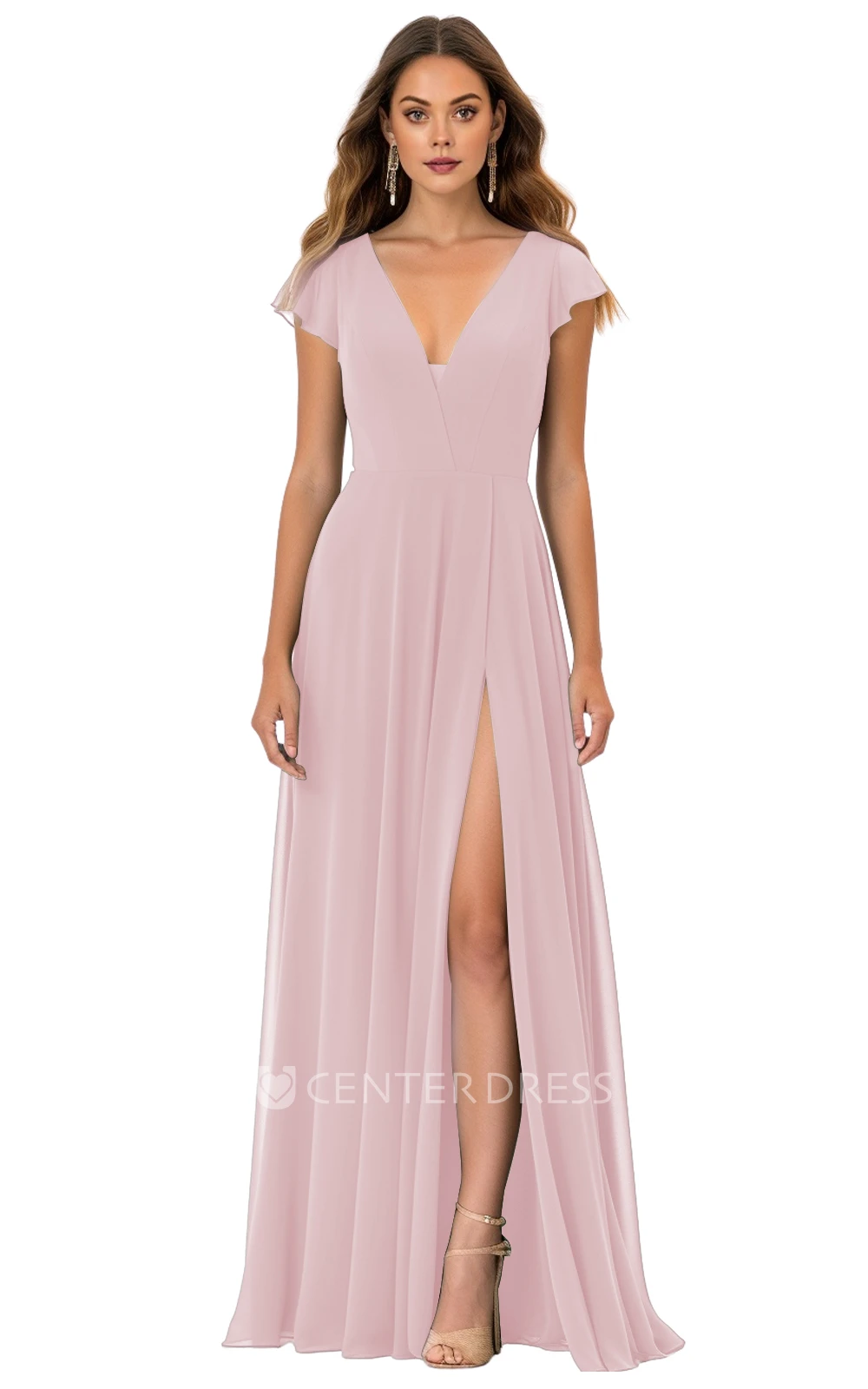 Modest A-Line Chiffon Bridesmaid Dress with V-neck and Split Front Simple and Elegant