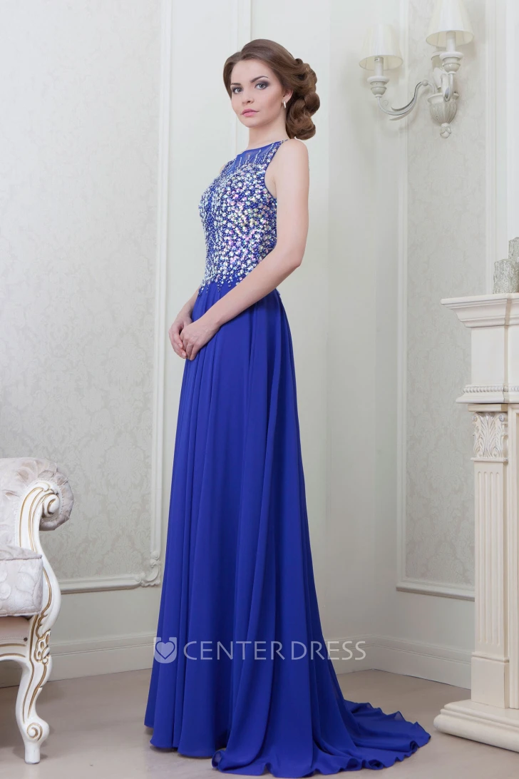 A-Line Sleeveless Long Crystal Bateau-Neck Chiffon Evening Dress With Pleats