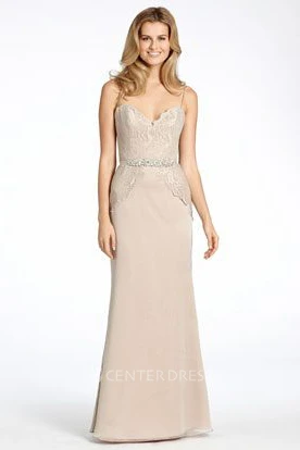 Floor-Length Spaghetti Jeweled Chiffon Bridesmaid Dress With Lace And V Back