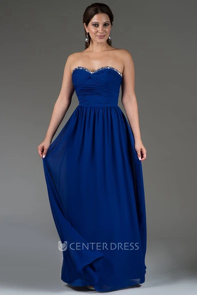 Sweetheart A-Line Chiffon Long Bridesmaid Dress With Crystal Neckline