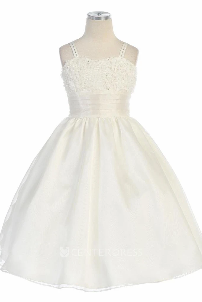 Spaghetti Tea-Length Pleated Sequins&Organza Flower Girl Dress With Embroidery