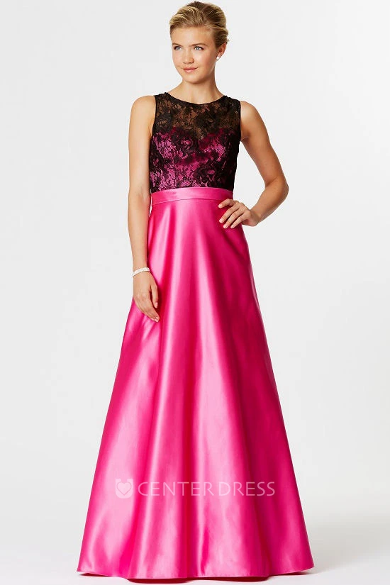 A-Line Lace Sleeveless Scoop Neck Satin Bridesmaid Dress With Illusion Back
