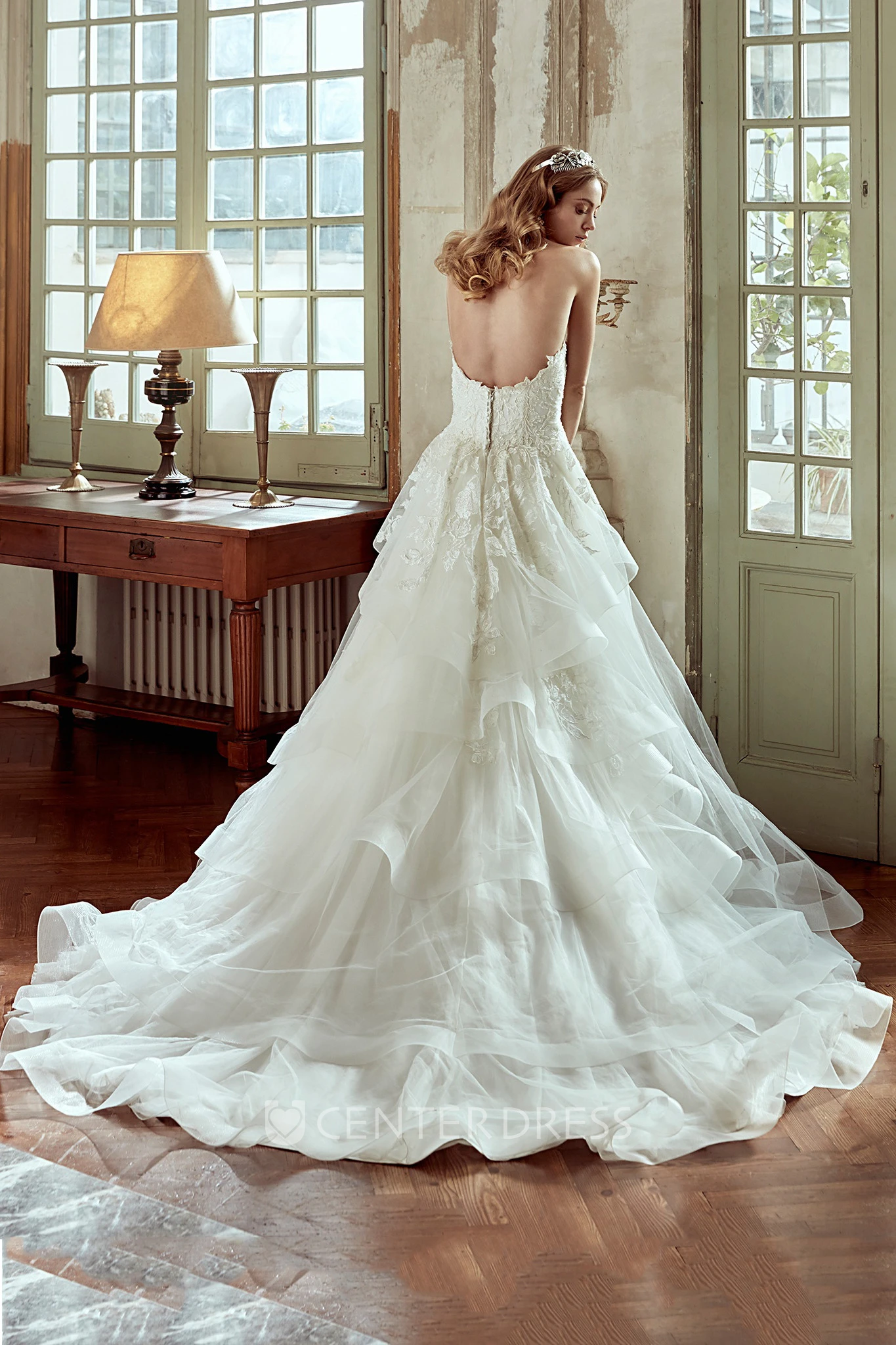 Strapless A-Line Wedding Dress with Lace Embroidered Bodice and Multi-layer Tulle Skirt 
