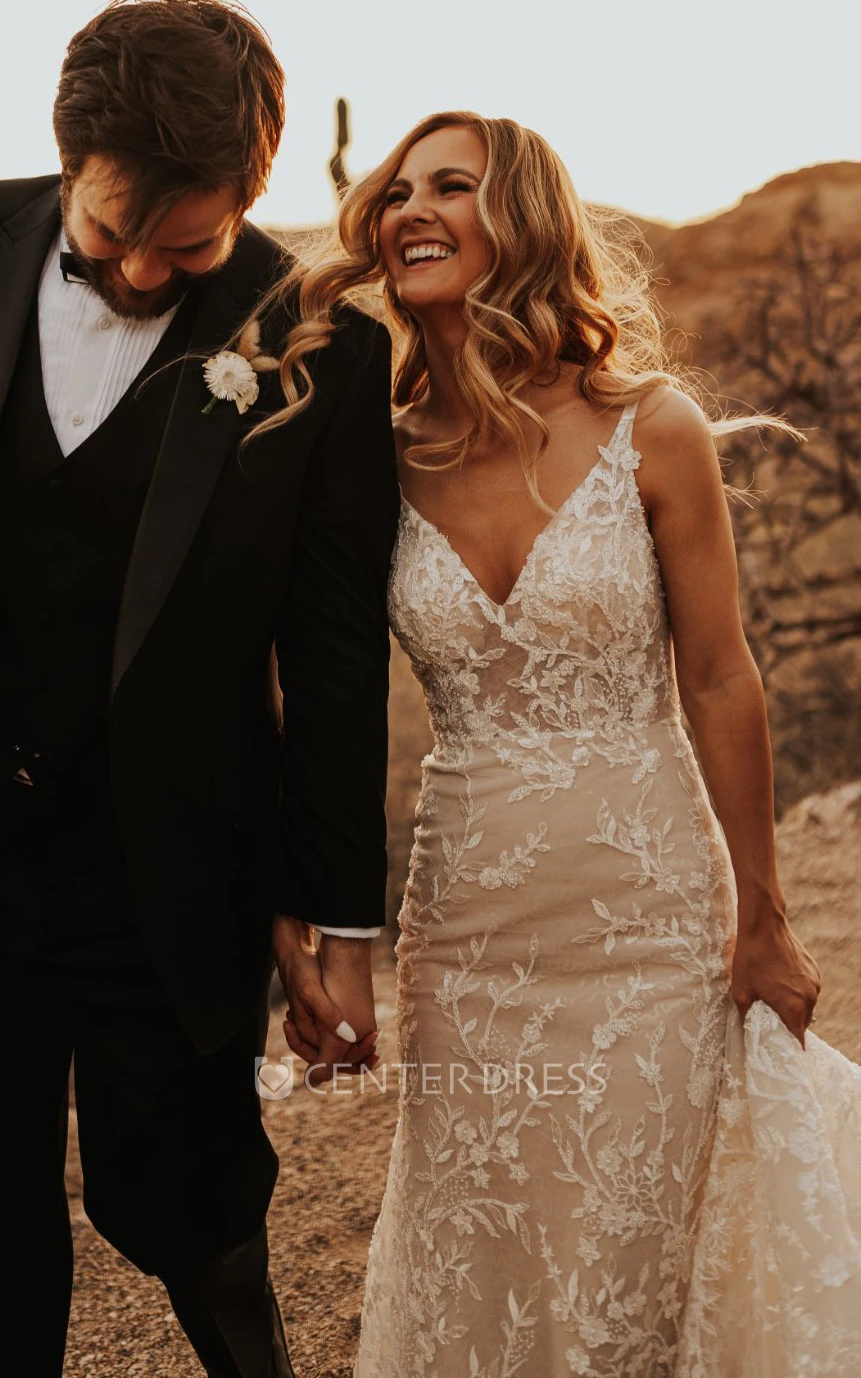 Elegant Lace Mermaid Wedding Dress with V-neck and Sweep Train Simple and Ethereal