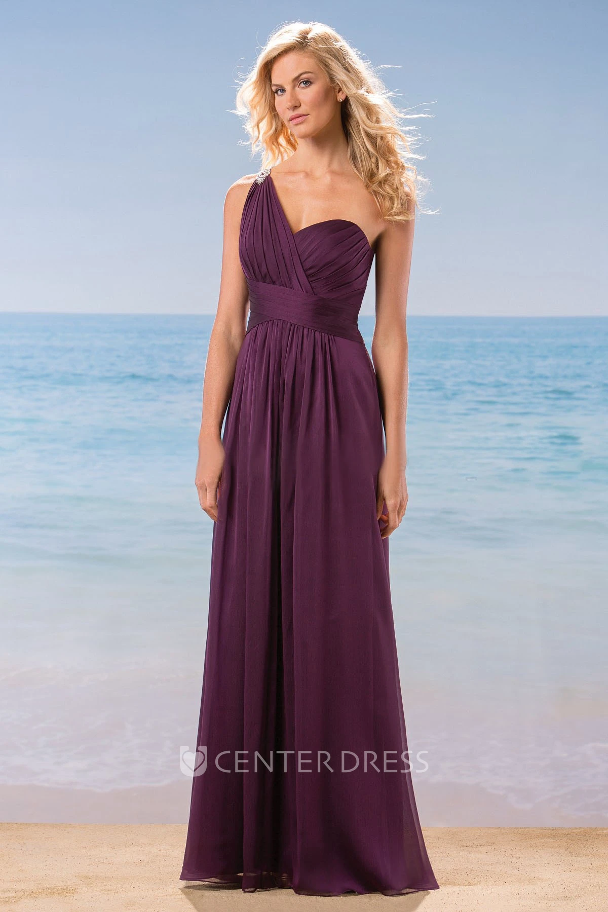 One-Shoulder A-Line Long Chiffon Bridesmaid Dress With Pleats