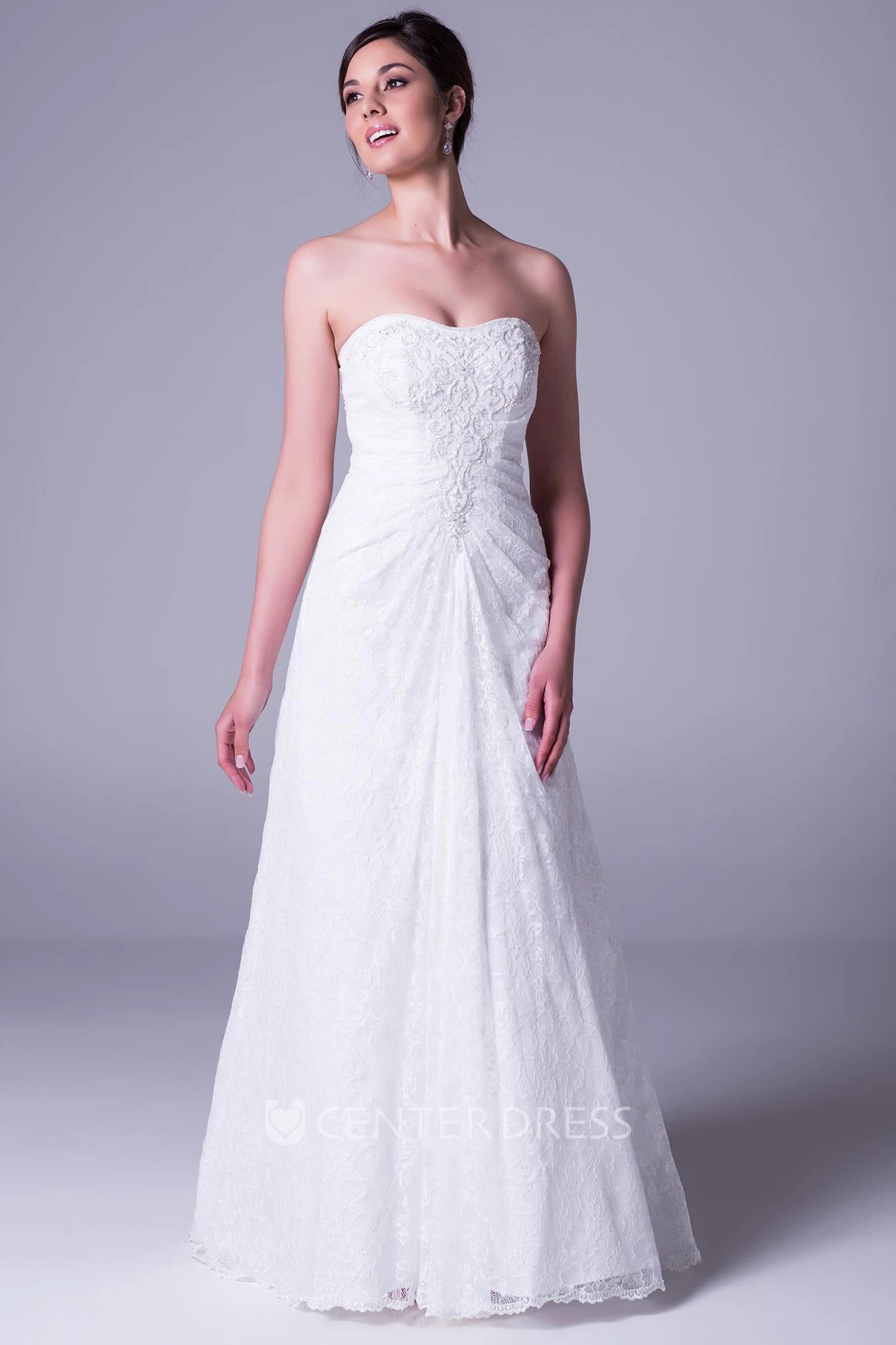 Sheath Draped Strapless Lace Wedding Dress With Court Train