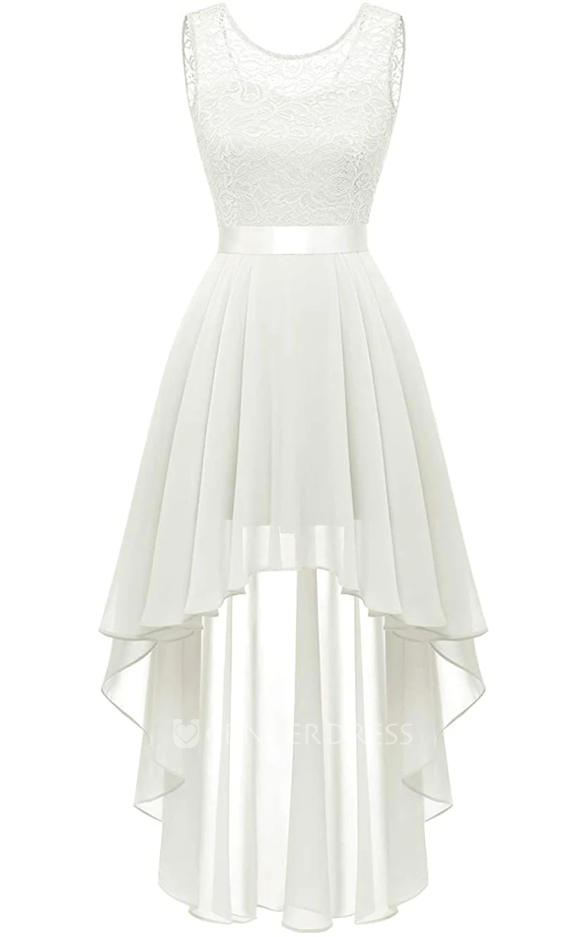 Chiffon High-Low Bateau A Line Sleeveless Bridesmaid Dress With Sash/Ribbon