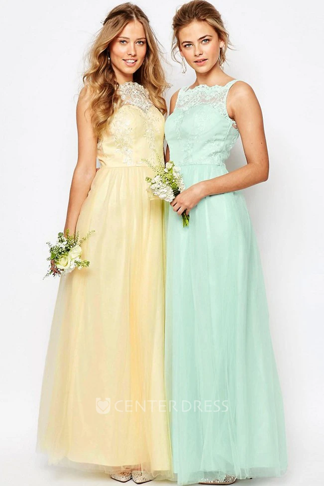 Ankle-Length A-Line Sleeveless Bateau Neck Lace Tulle Bridesmaid Dress