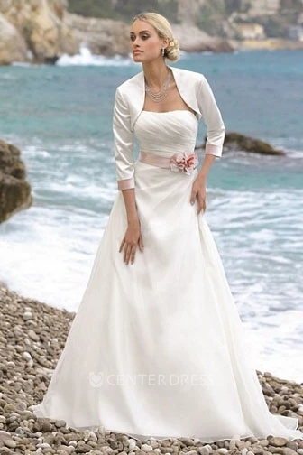 A-Line 3-4-Sleeve Draped Long Strapless Tulle&Satin Wedding Dress With Flower And Cape