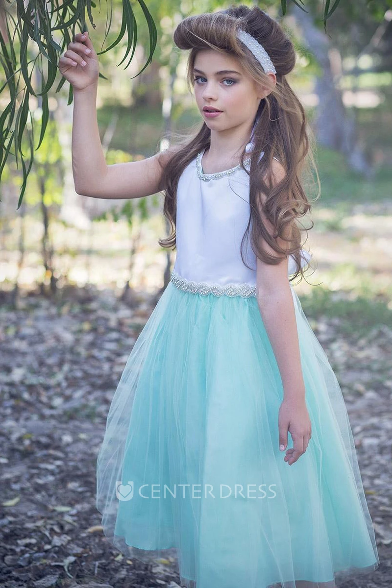 V-Neck Tea-Length Beaded Tulle&Satin Flower Girl Dress
