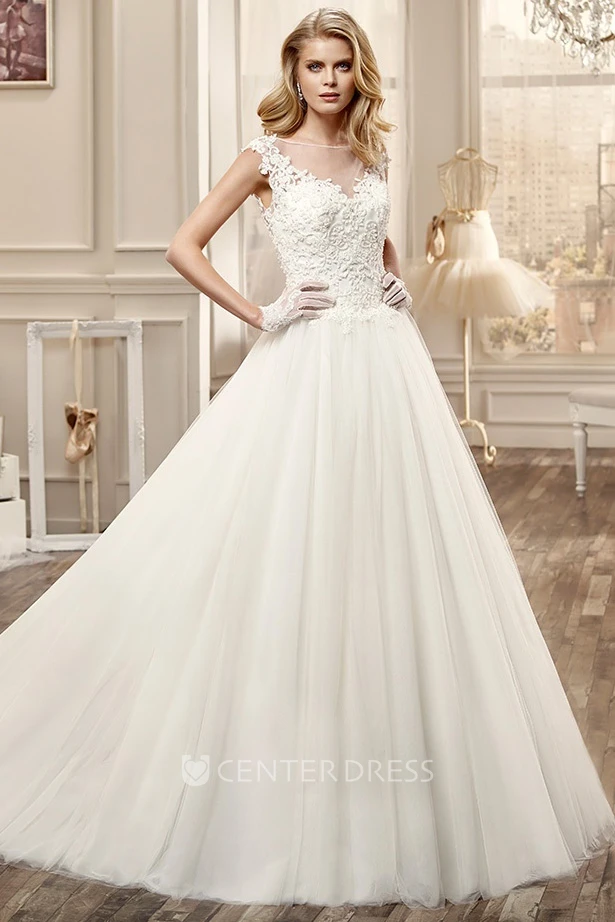 Cap-Sleeve Wedding Dress with Pleated Skirt and Lace Bodice
