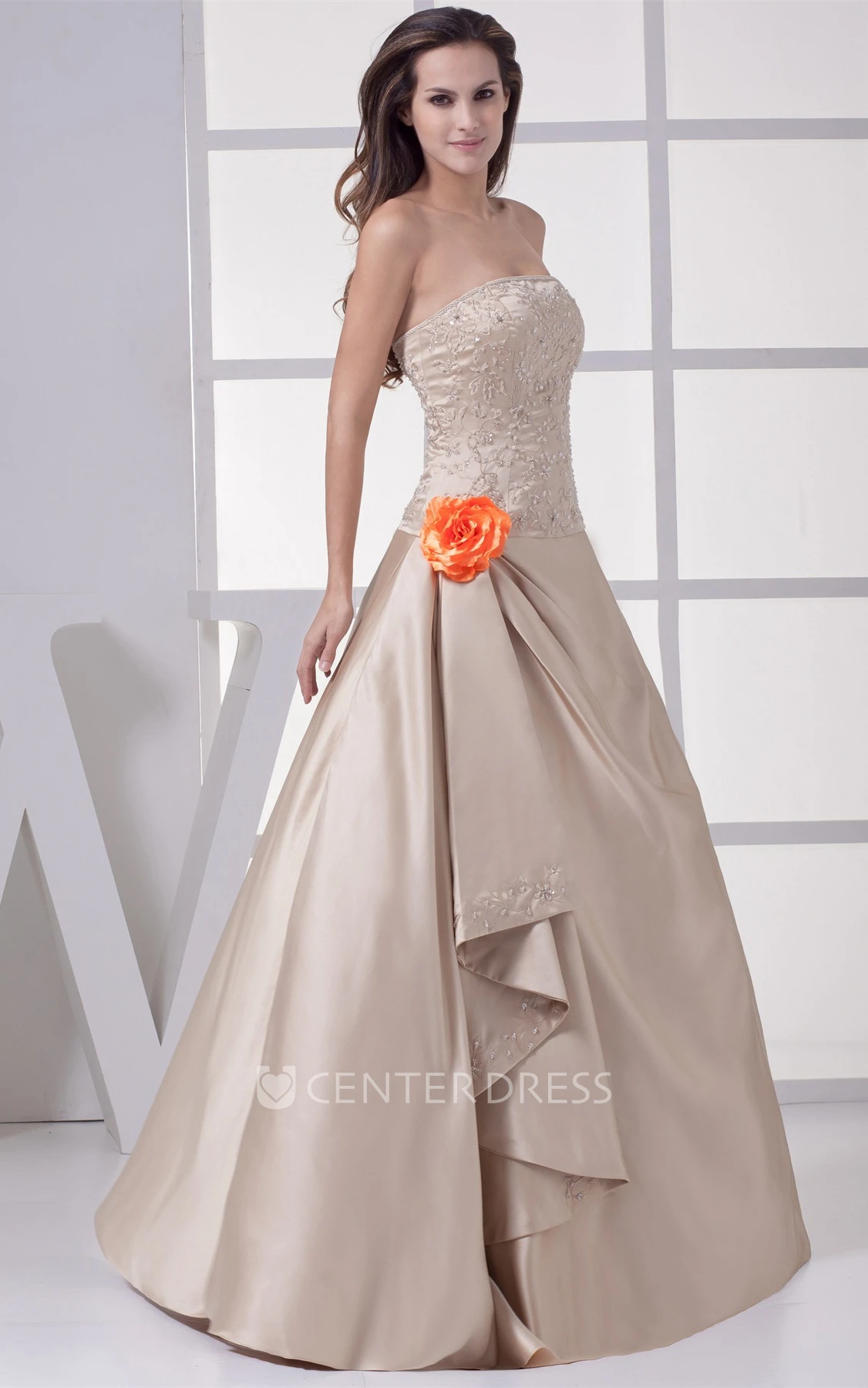 Strapless Side Draping A-Line Satin Evening Gown with Flower and Beading