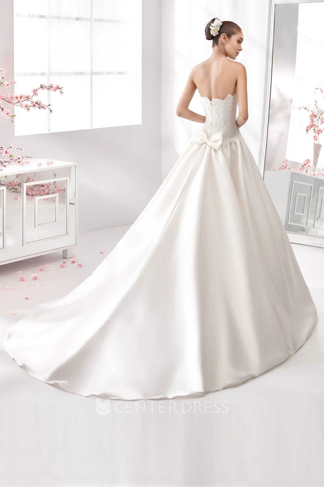 Strapless Appliqued A-Line Wedding Dress With Notched Neckline And Lace Corset