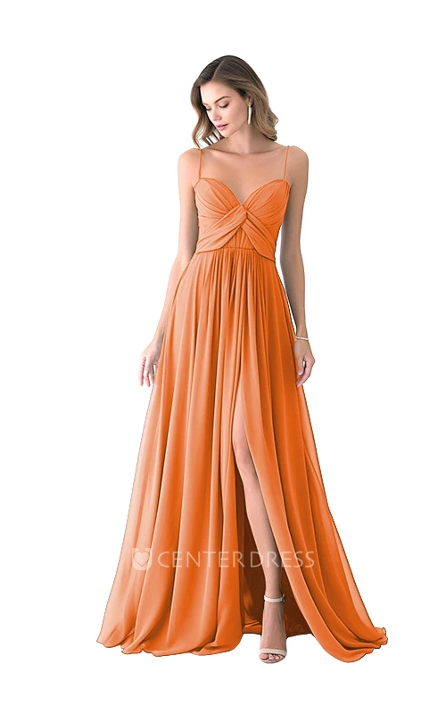 Satin Spaghetti Casual A-Line Bridesmaid Dress with Front Split