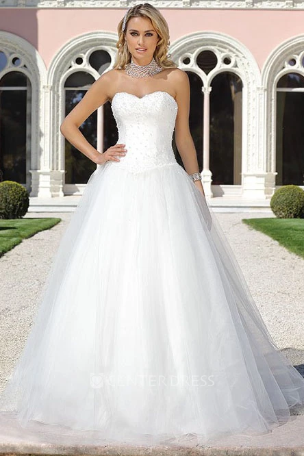 Ball Gown Sweetheart Long Tulle Wedding Dress With Beading