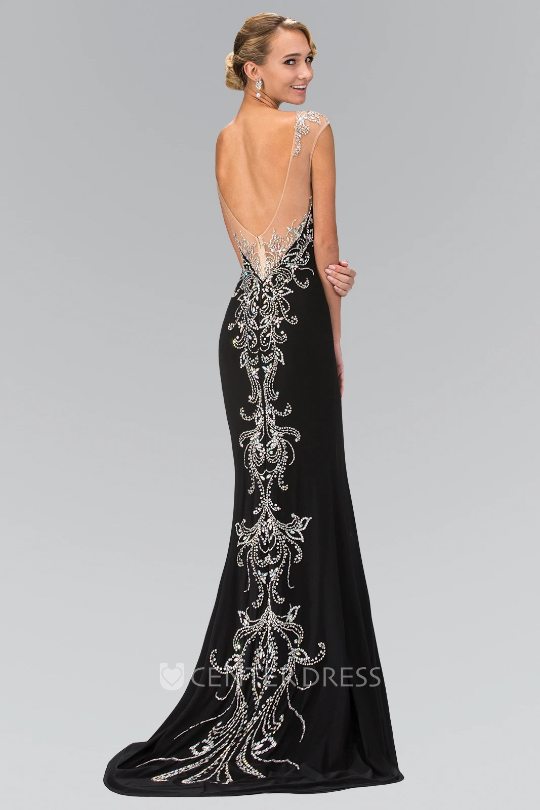 Sheath Maxi Scoop-Neck Cap-Sleeve Jersey Deep-V Back Dress With Split Front And Beading