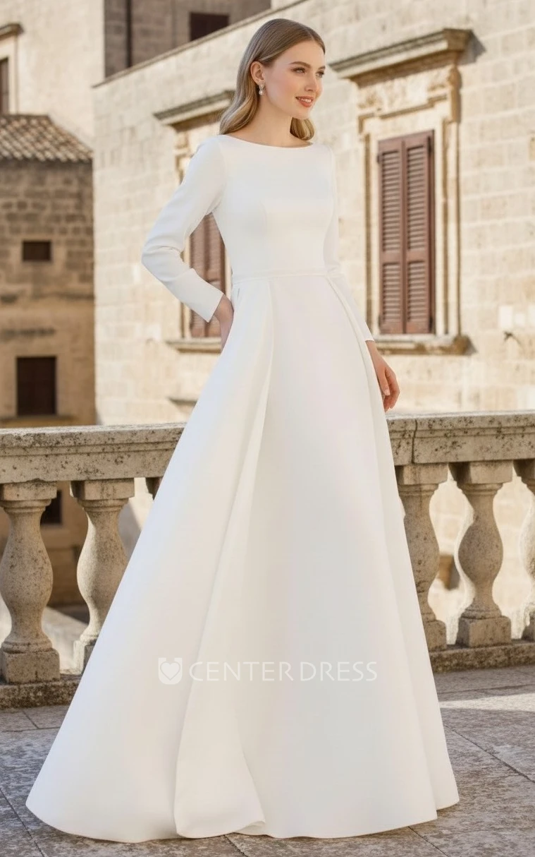 Modest Simple A-Line Wedding Dress with Long Sleeves and Boat Neck Elegant Satin Bridal Gown with Train