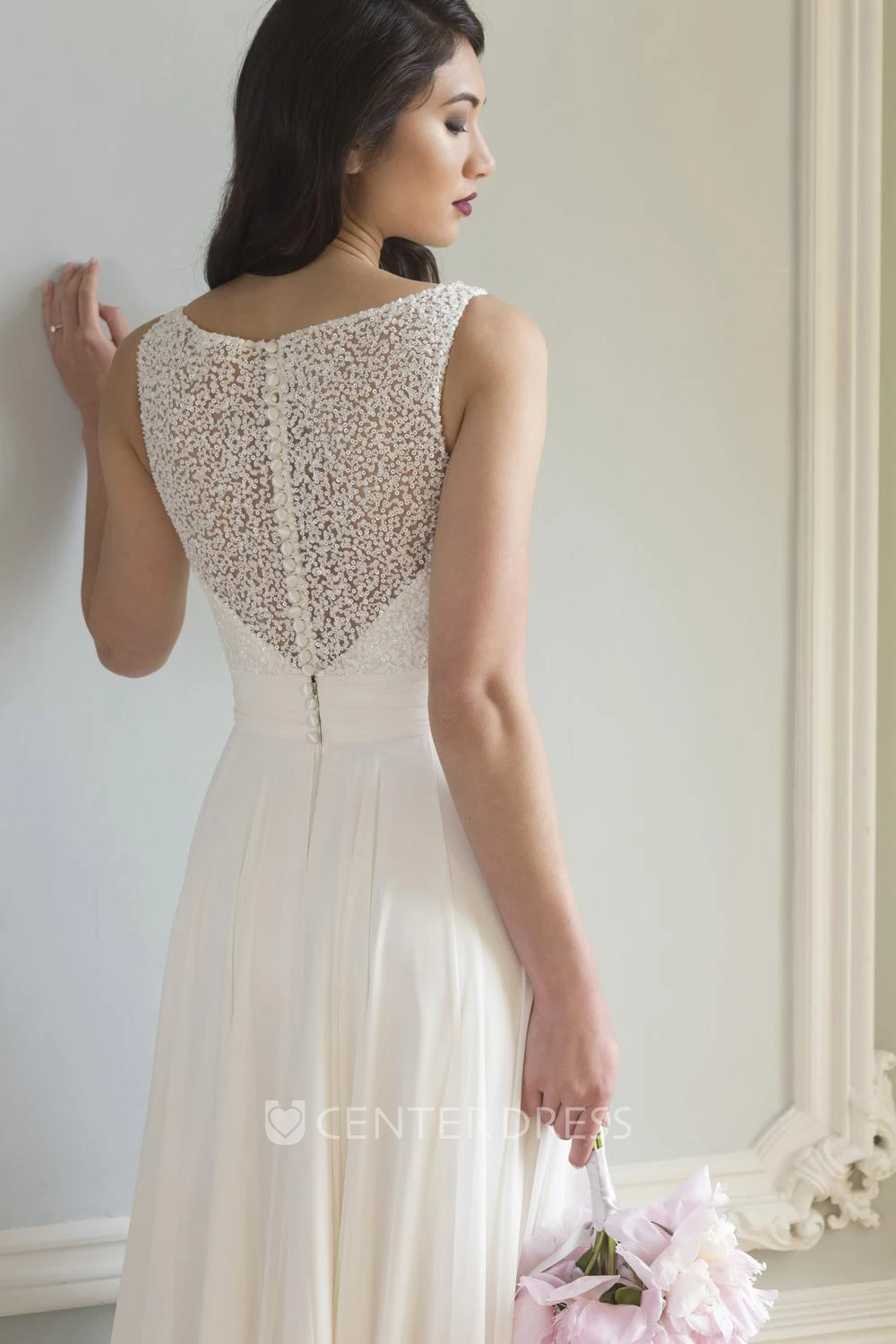 Beaded Sleeveless V-Neck Floor-Length Wedding Dress With Split Front