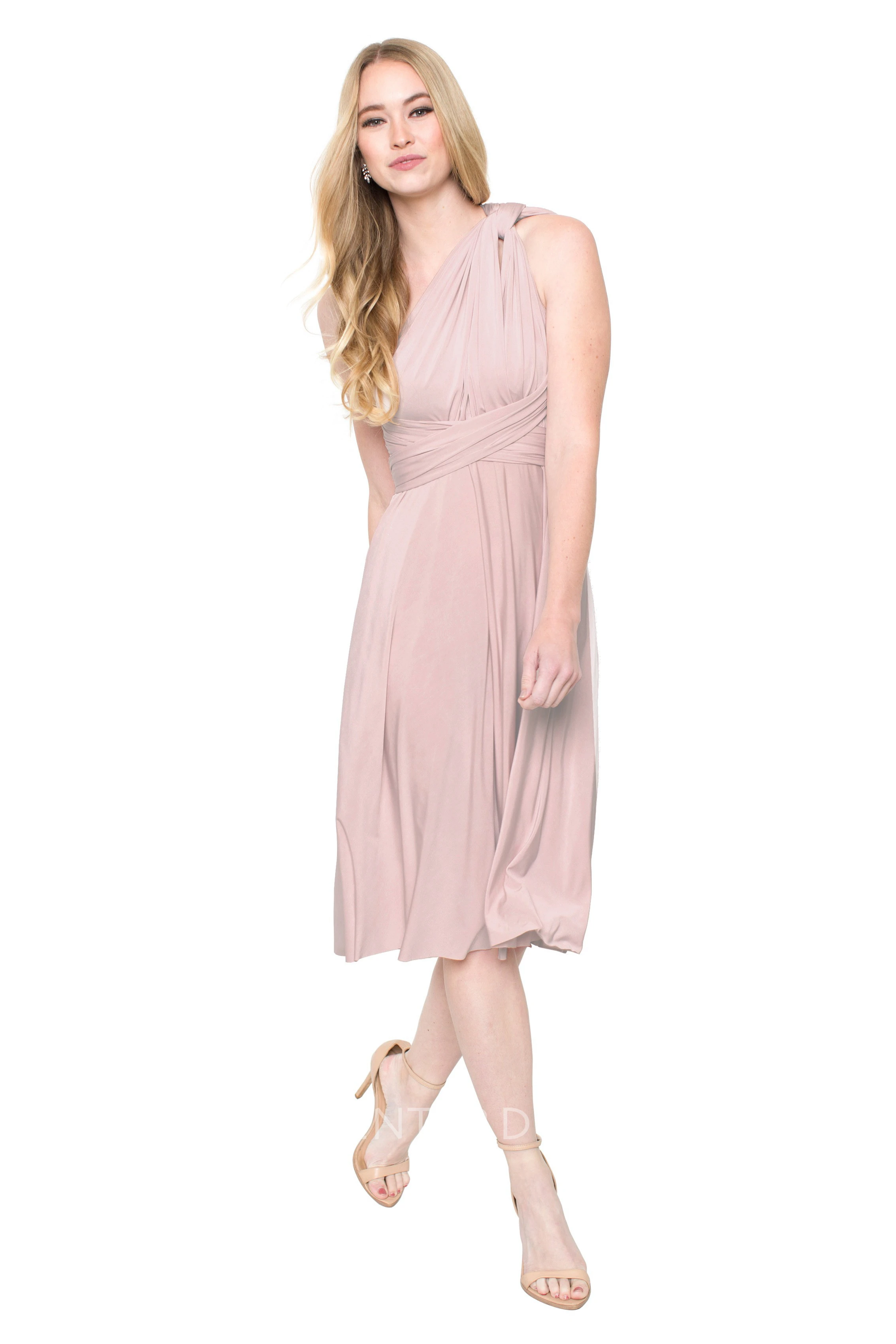 Tea-Length Sleeveless One-Shoulder Ruched Chiffon Muti-Color Convertible Bridesmaid Dress