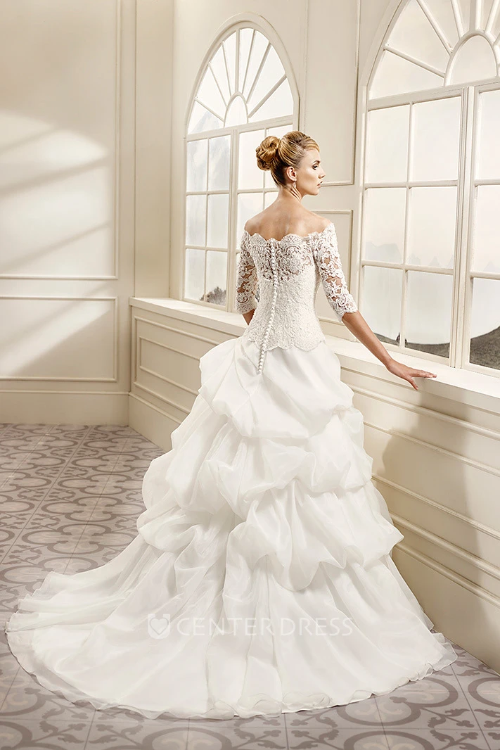 A-Line Maxi Pick-Up Half-Sleeve Off-The-Shoulder Organza Wedding Dress With Appliques And Tiers