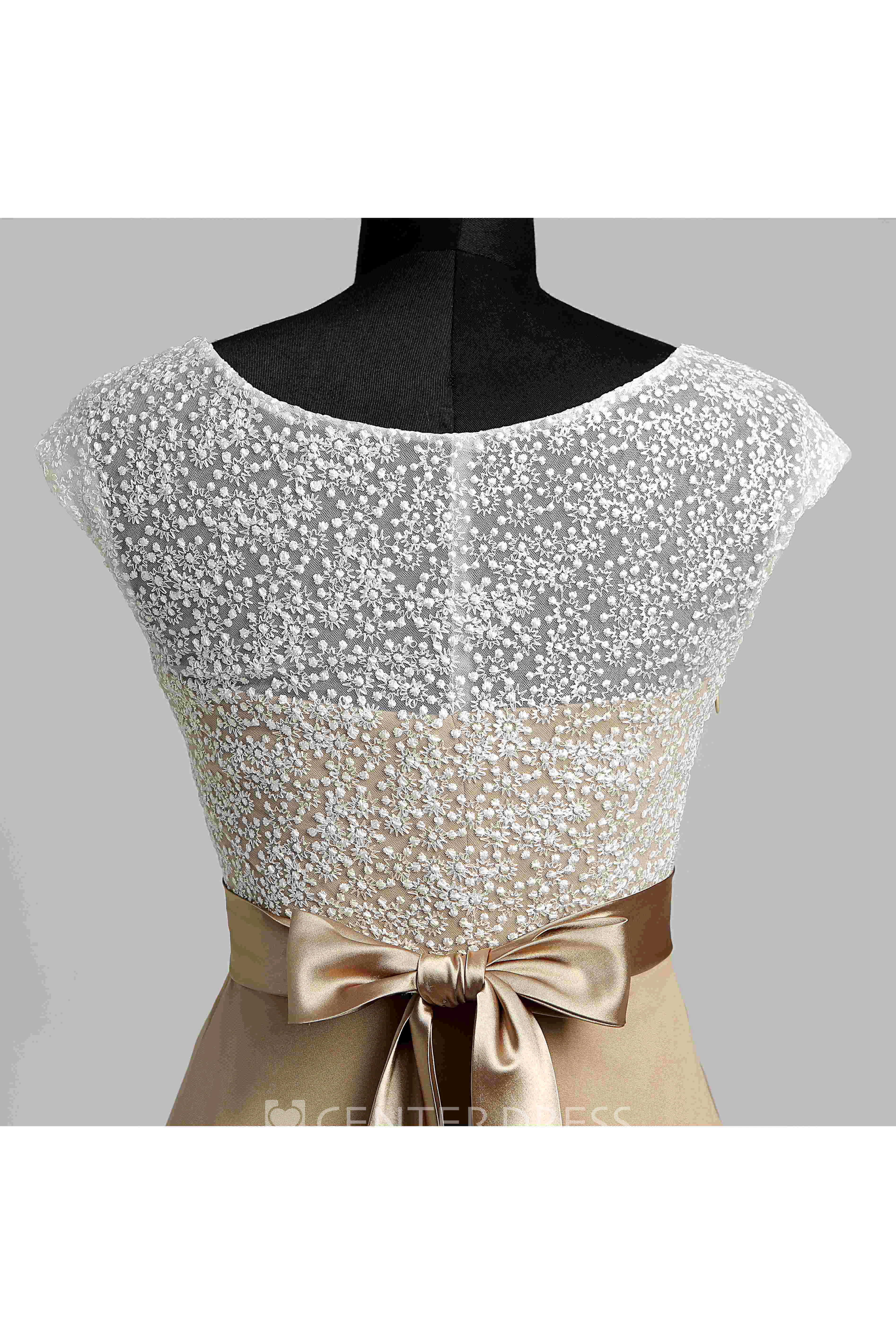 Jersey Lace A-line Bateau Cap Short Sleeve Lace Dress with Sash/Ribbon