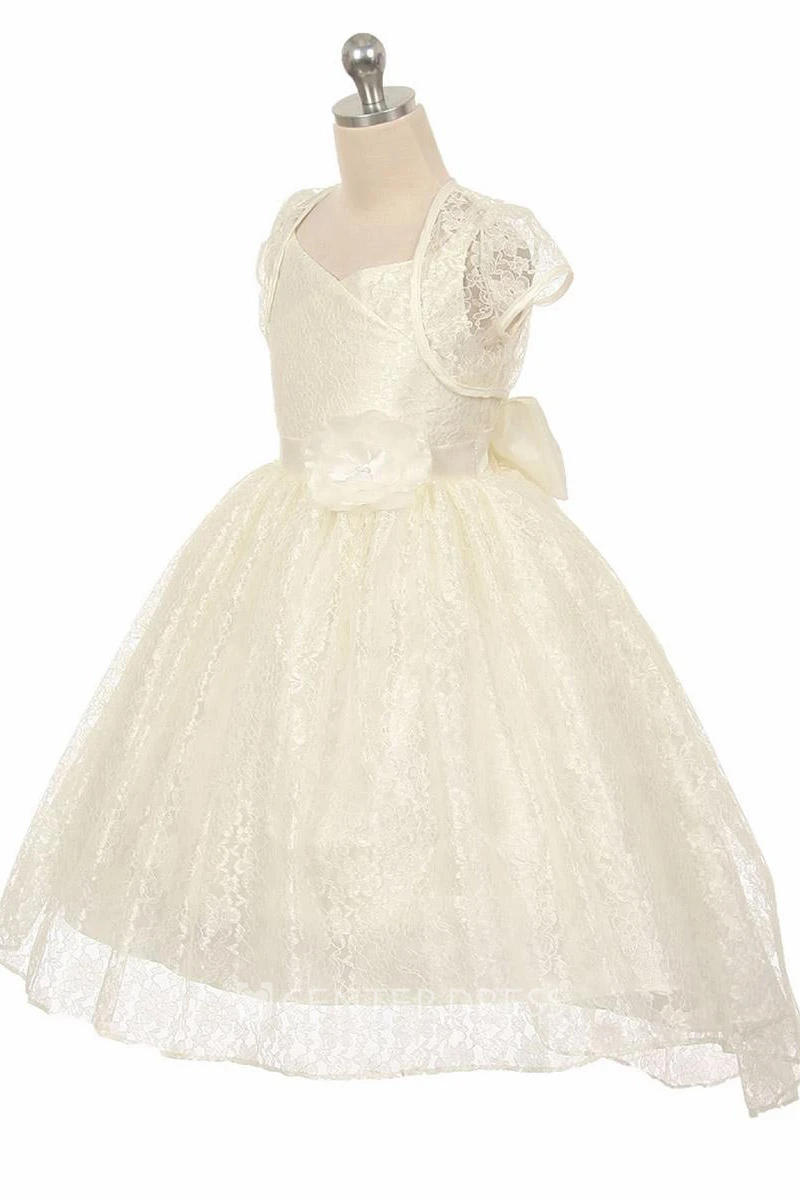 High-Low Floral Criss-Cross Lace Flower Girl Dress With Sash