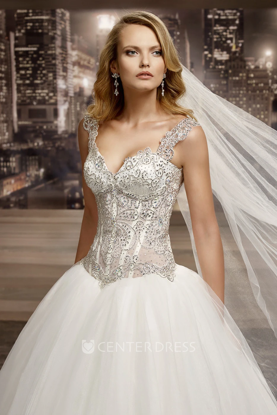V-neck A-line Wedding Gown with Beaded Corset and Half Open Back