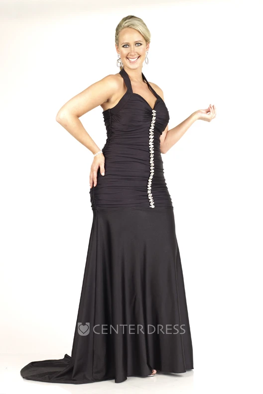 Sheath Floor-length Halter Sleeveless Jersey Beading Ruching Sweep Train Zipper Dress