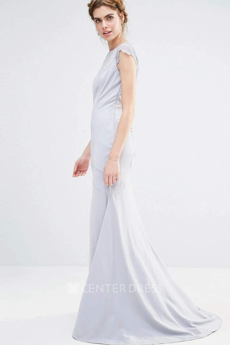 Sheath Jewel Neck Short Sleeve Chiffon Bridesmaid Dress With Brush Train