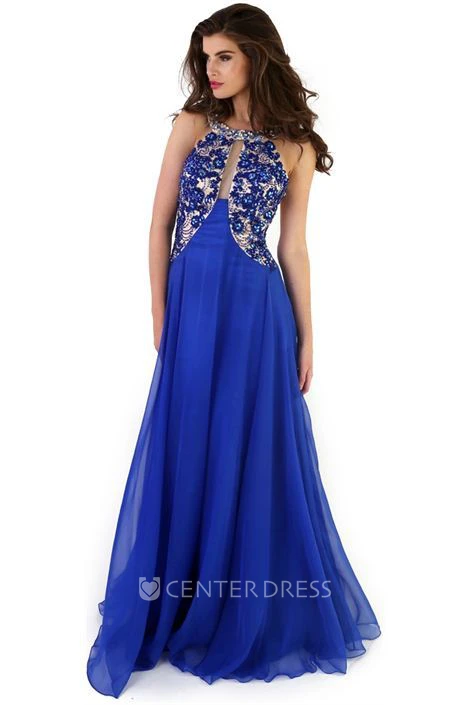 A-Line Sleeveless Floor-Length Crystal Scoop Chiffon Prom Dress With Backless Style And Pleats