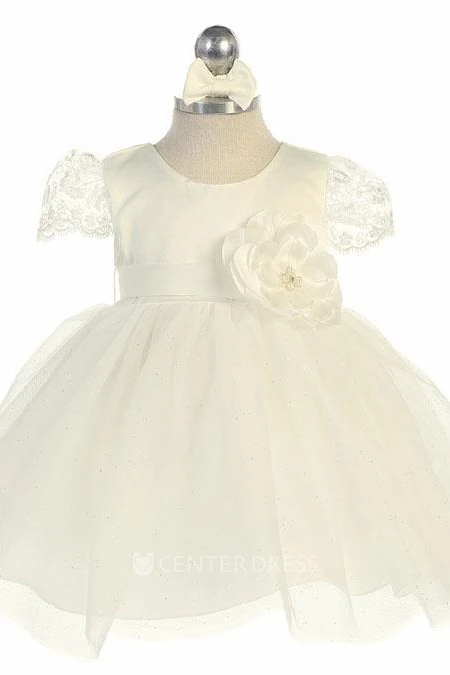 Tea-Length Floral Tiered Tulle&Satin Flower Girl Dress With Embroidery
