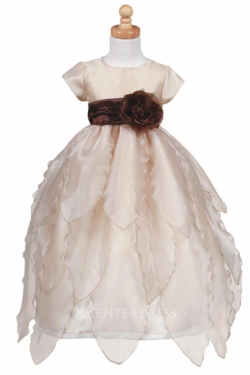 Tiered Cap-Sleeve Organza&Taffeta Flower Girl Dress