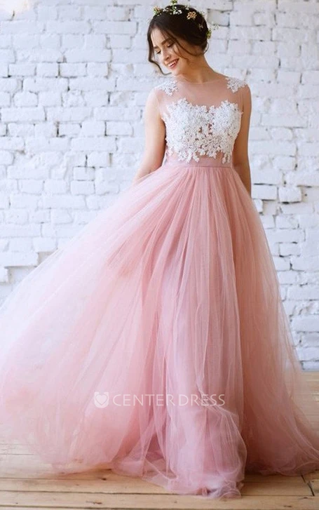 Bateau Tulle Sleeveless Floor-length A Line Prom Dress with Pleats