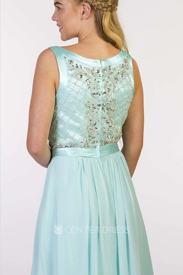Sheath Long Beaded Scoop-Neck Sleeveless Chiffon Prom Dress