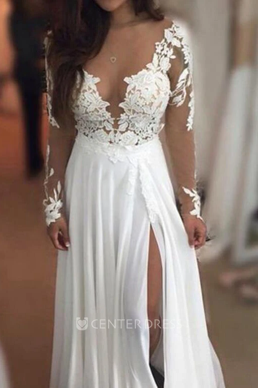 Illusion Long Sleeve Floor-length A-Line V-neck Chiffon Lace Dress