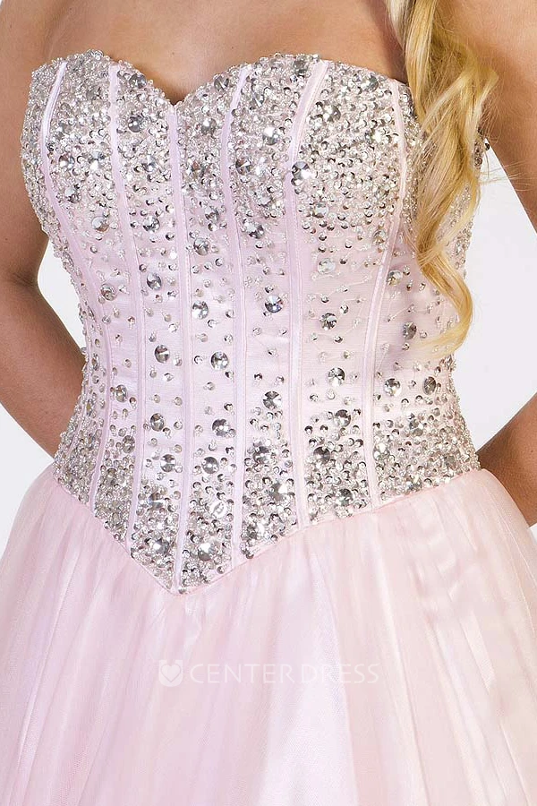 A-Line Beaded Sweetheart Long Sleeveless Tulle Prom Dress