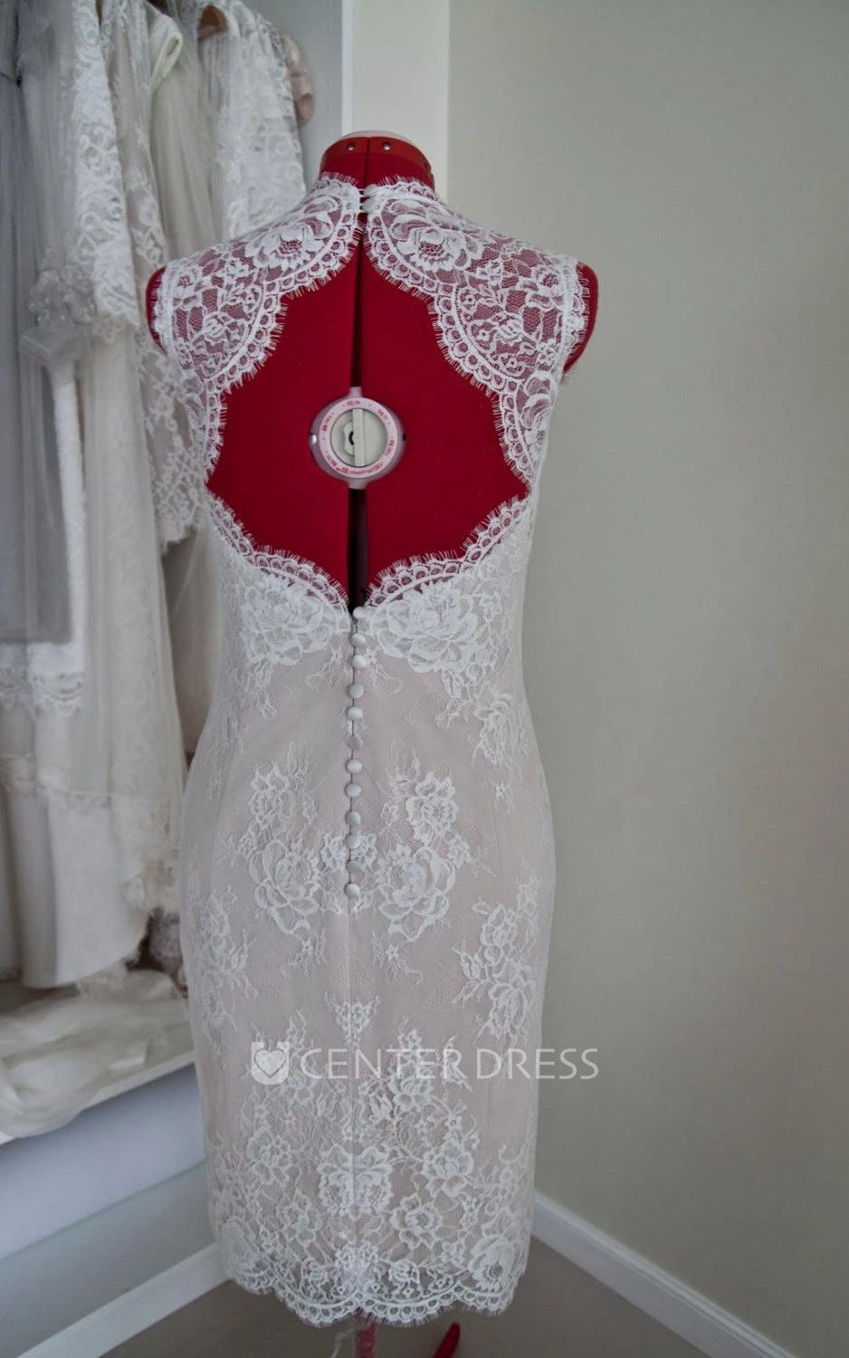 Custom Knee Length Winter Wedding Dress With Queen Anne Neck and Scalloped Keyhole Back