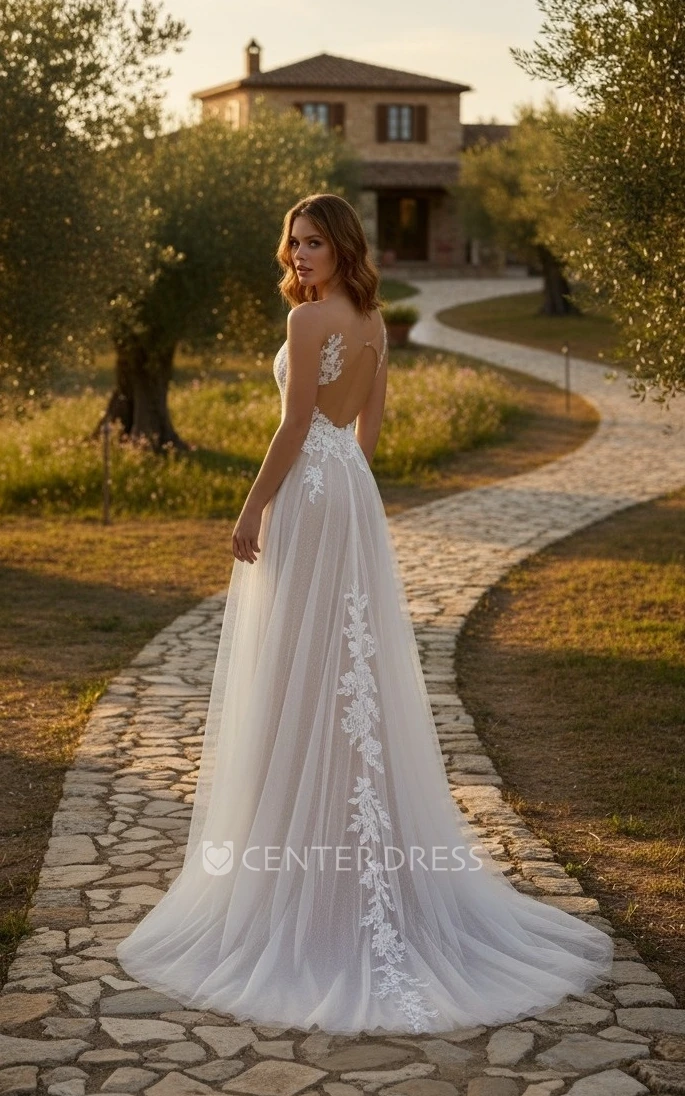 A-Line Lace Boho Wedding Dress Romantic Tulle Bridal Gown for Garden and Destination Weddings
