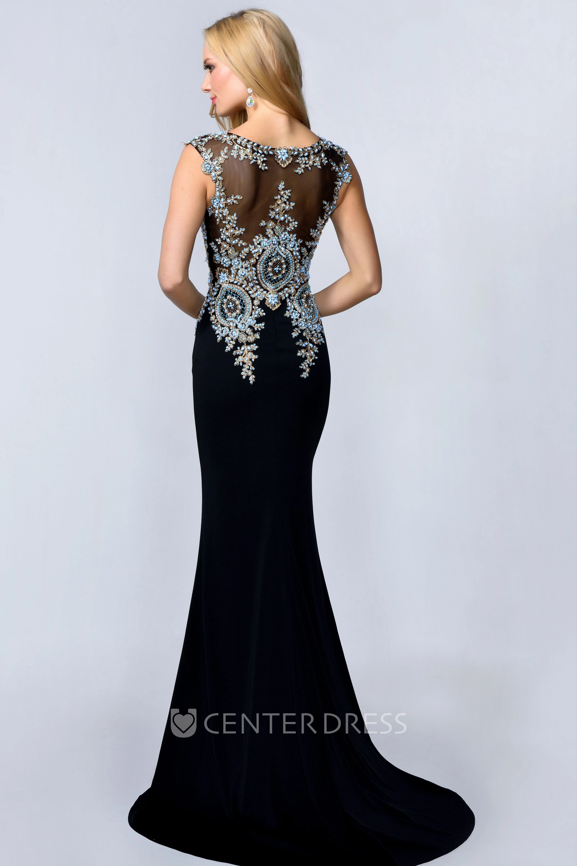 Sheath Scoop-Neck Sleeveless Jersey Illusion Dress With Beading