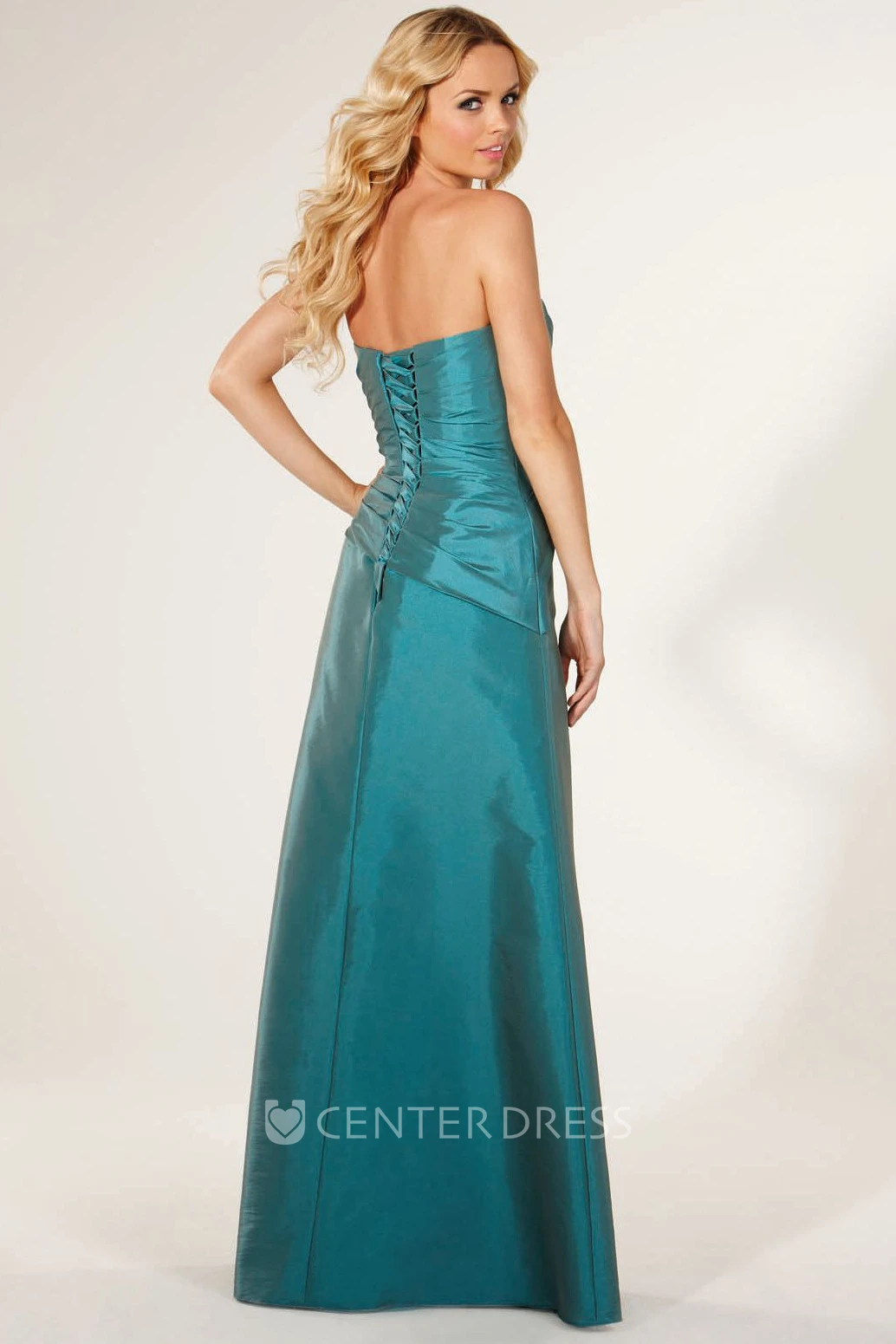 Long Sweetheart Criss-Cross Satin Bridesmaid Dress With Beading And Corset Back