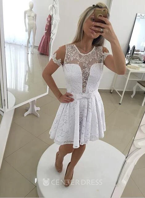 Modern Illusion White Short Cocktail Dress Lace Bowknot
