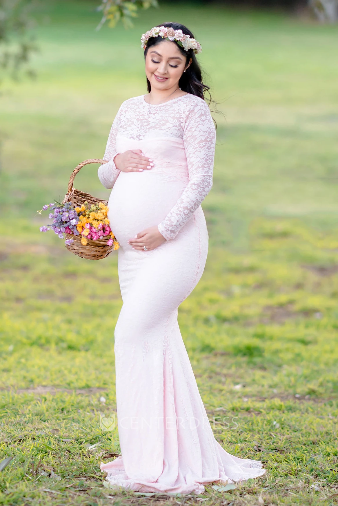 Sheath Sweep Brush Train Long Sleeve Empire Maternity Dress