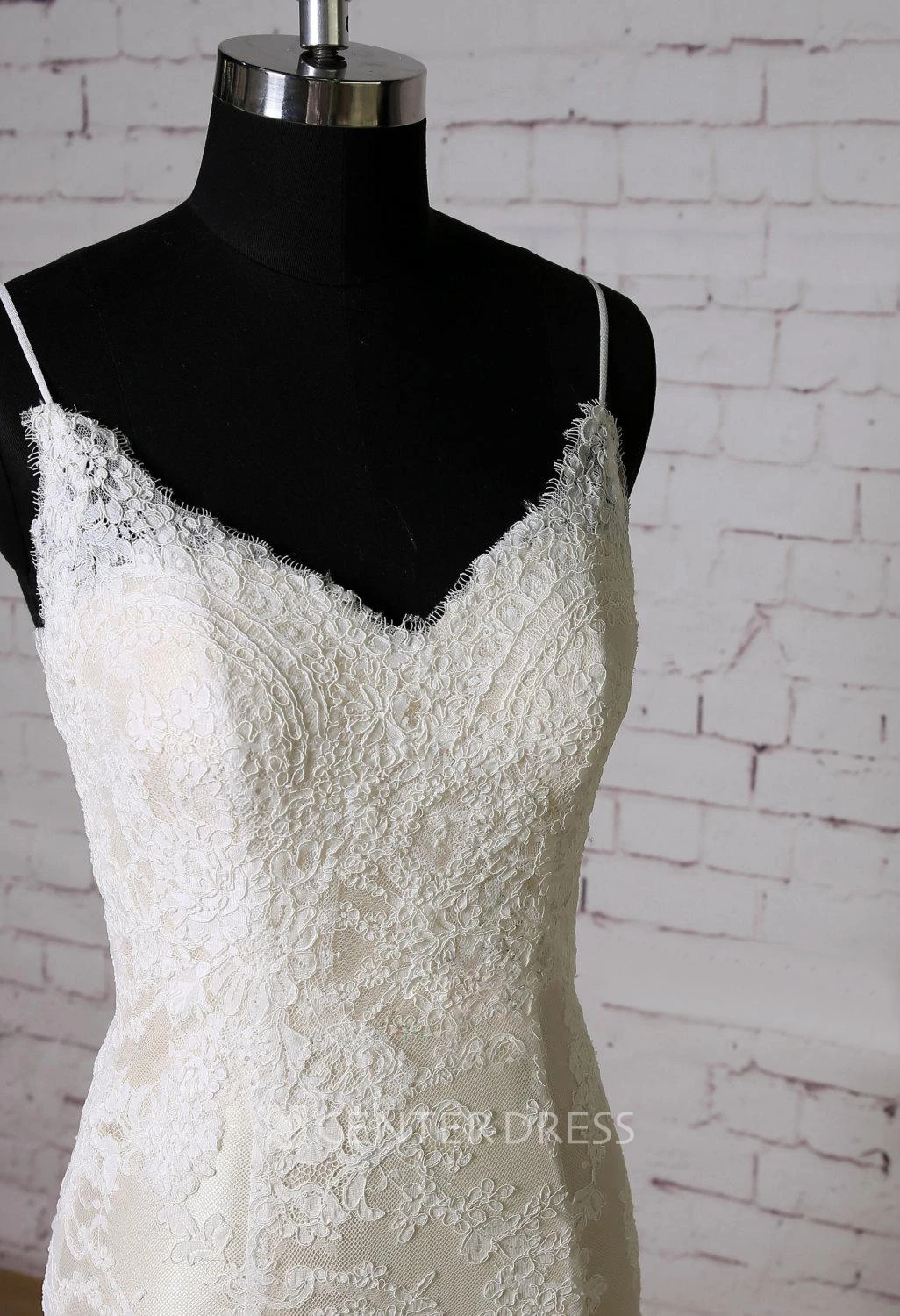 Spaghetti Strap Lace Mermaid Wedding Dress With Champagne Underlay