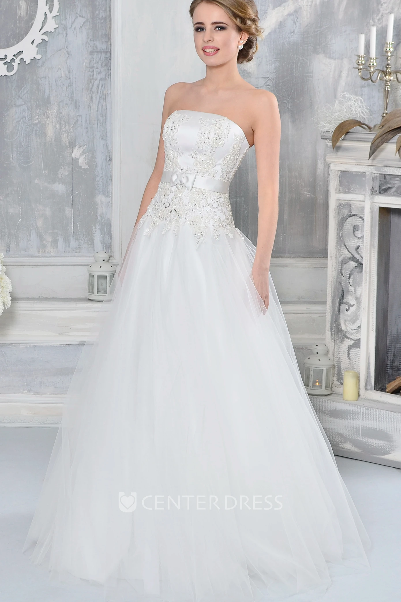 A-Line Sleeveless Strapless Floor-Length Beaded Tulle Wedding Dress With Bow