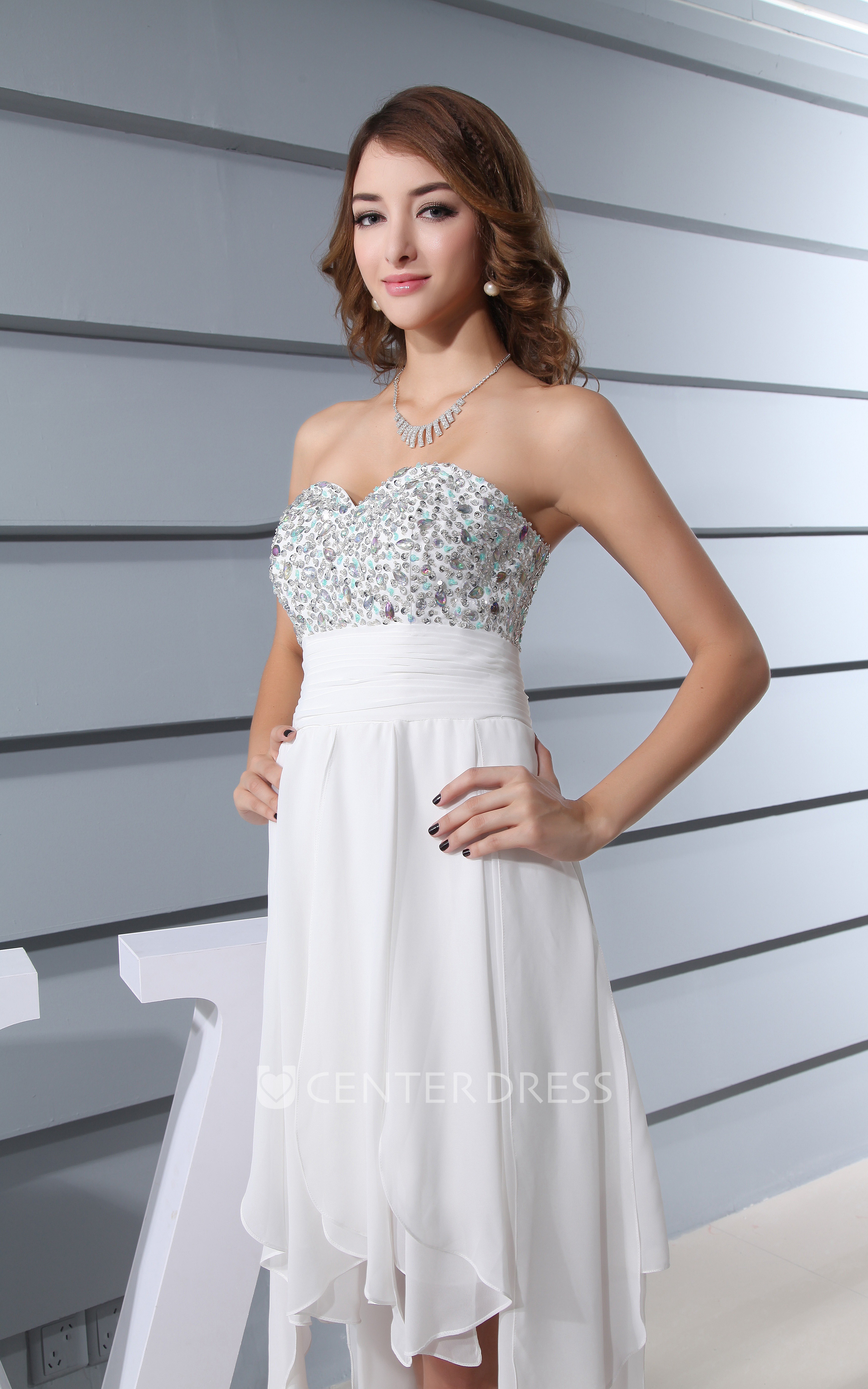 long white strapless chiffon prom dress