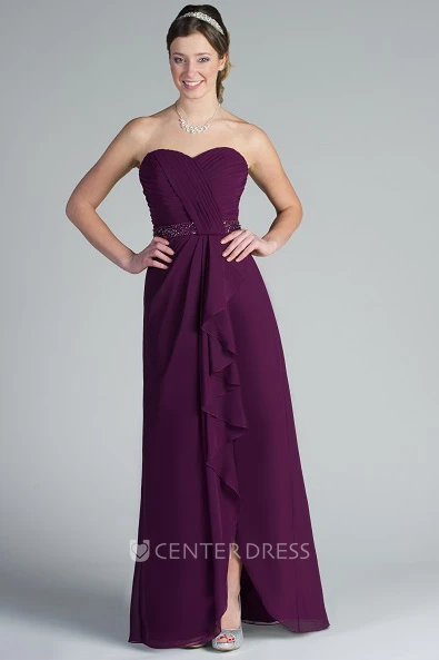 Side Drape Sweetheart Chiffon Long Bridesmaid Dress With Crystal Waist