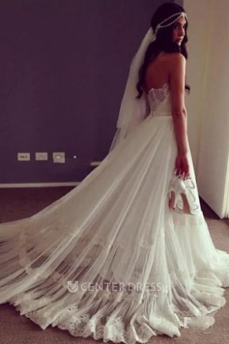 Boho Sweetheart Pleated Lace Bodice Tulle Gown With Backless