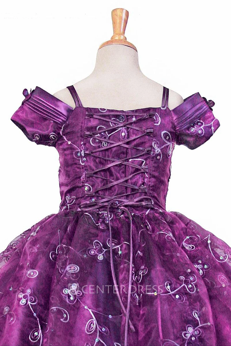 Tea-Length Split-Front Pleated Lace&Sequins Flower Girl Dress With Tiers