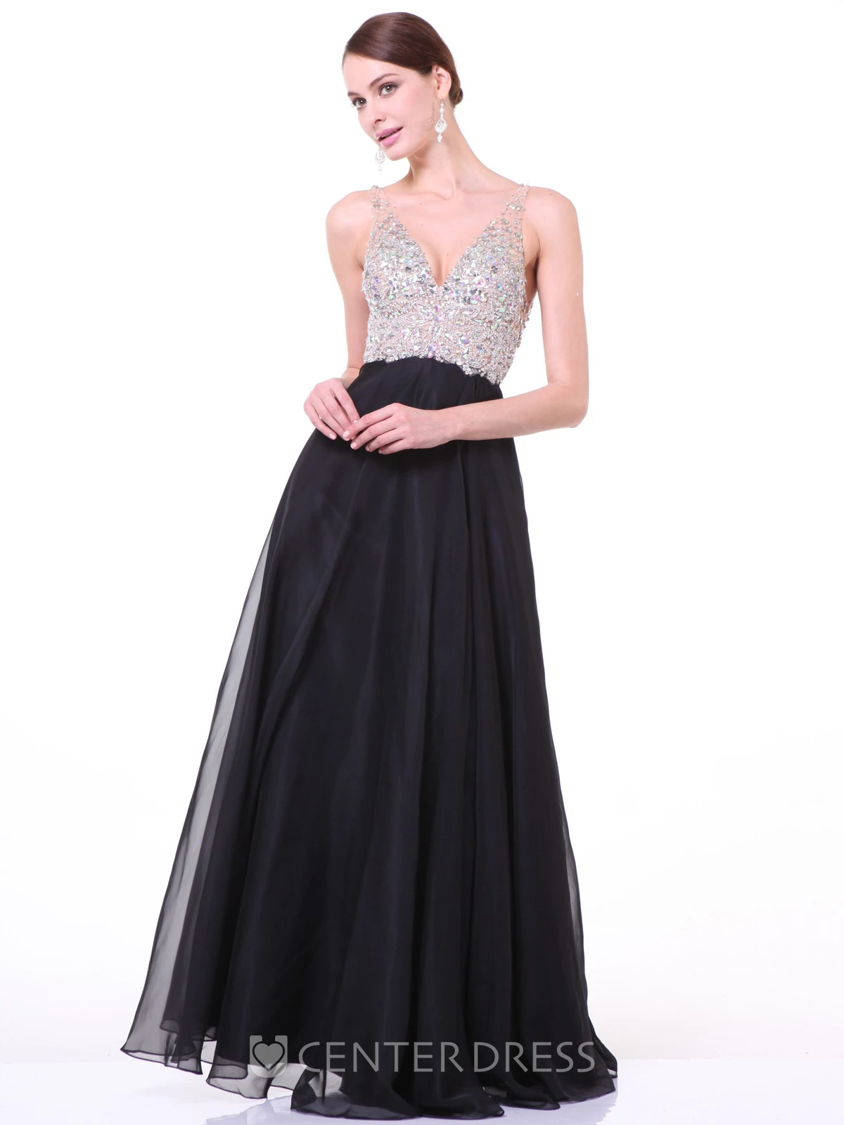 A-Line Long V-Neck Sleeveless Empire Deep-V Back Dress With Beading